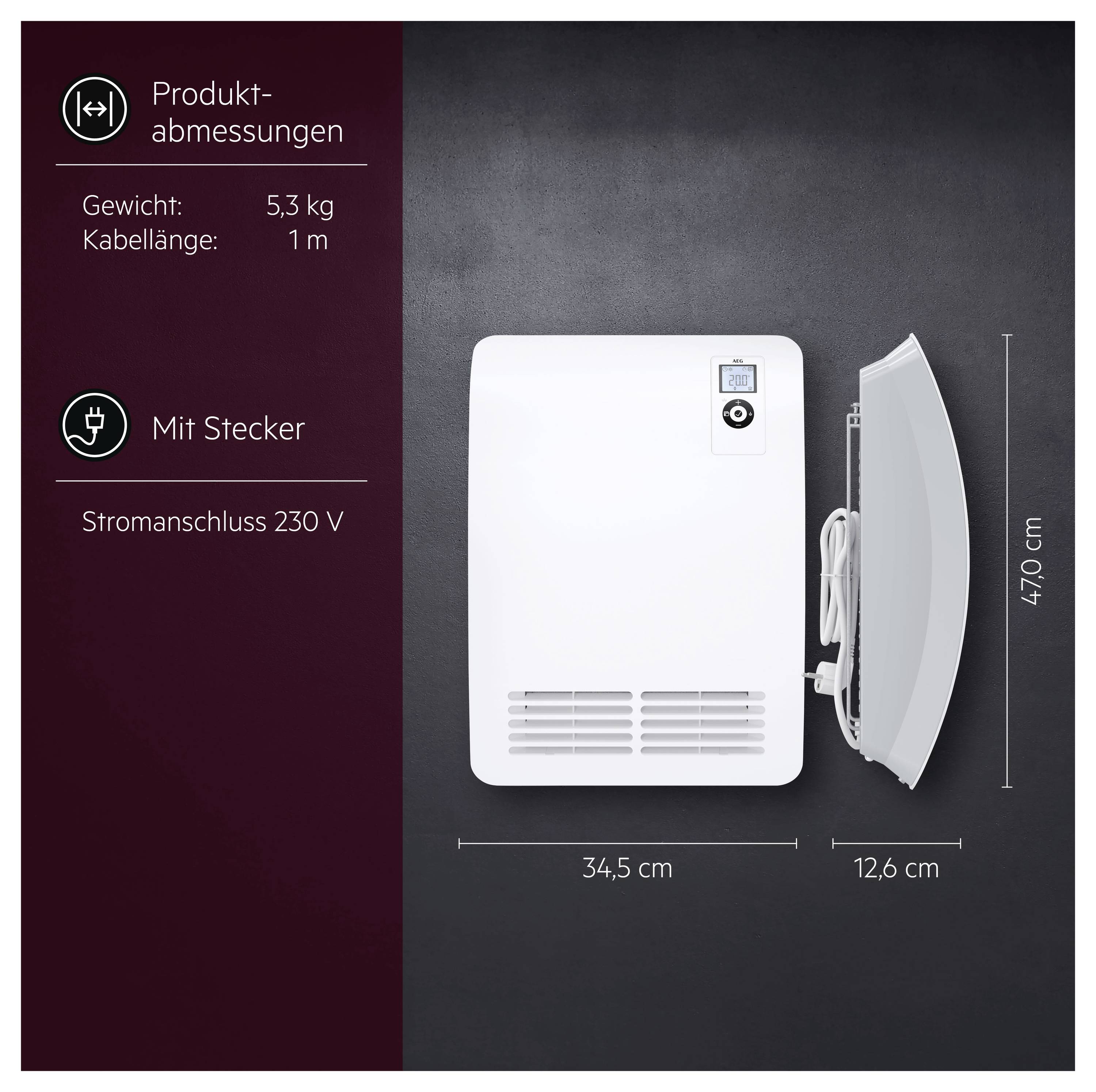 Produktabmessungen eines elektrischen Geräts: 34,5 × 47,0 × 12,6 cm, Gewicht 5,3 kg, Kabellänge 1 m, mit Stecker, Stromanschluss 230 V.