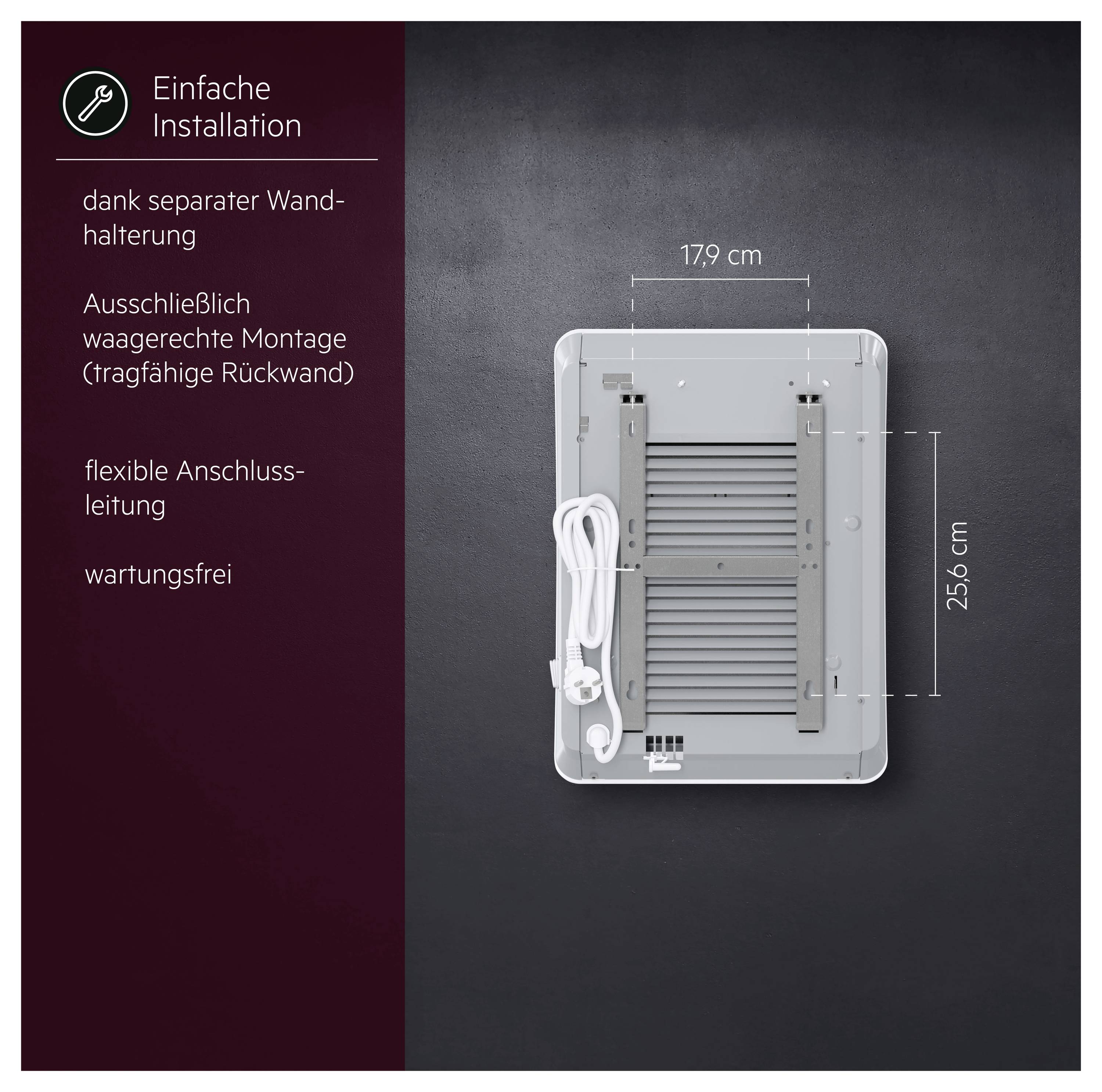Produktbild mit Wandhalterung: 'Einfache Installation', nur waagerechte Montage, flexible Anschlussleitung, wartungsfrei; Maße 17,9 cm x 25,6 cm.<br>