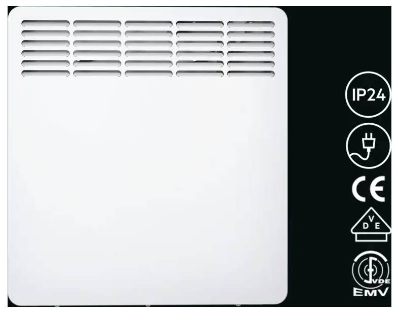 Ein elektrischer Heizkörper mit Lüftungsgittern oben. Auf der rechten Seite befinden sich Symbole für Schutzklasse IP24, CE-Zeichen und weitere Zertifikate.