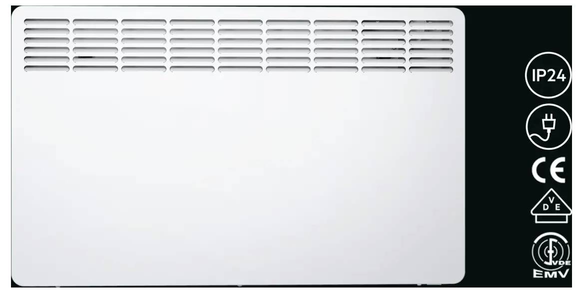 'Weißer Heizkörper mit Lufteinlässen oben rechts; rechts Symbole für IP24, Stromanschluss, CE-Zertifizierung und VDE-Prüfzeichen.'