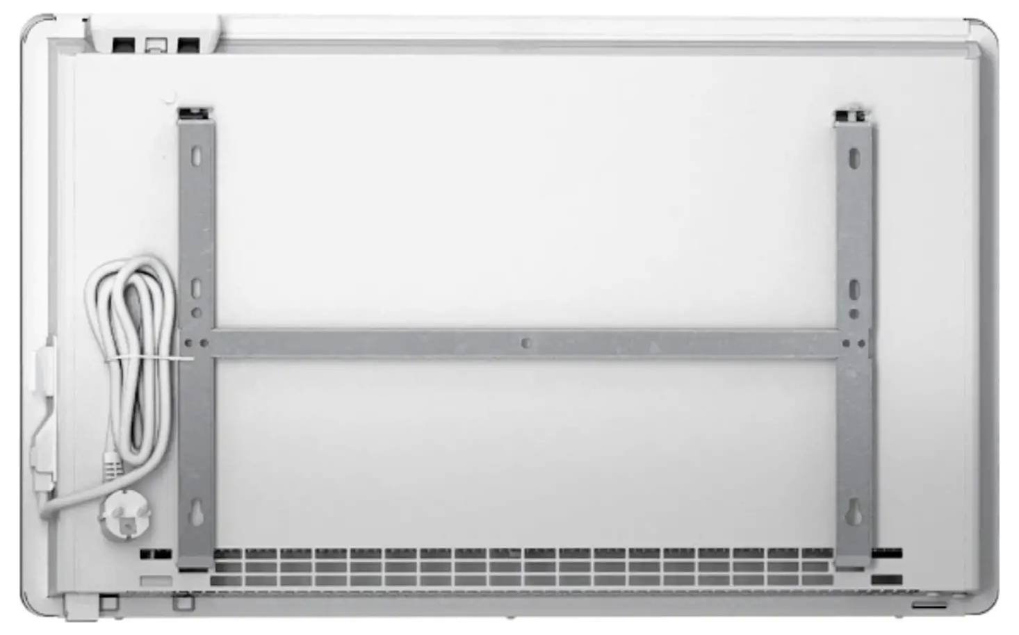 Eine Nahaufnahme der Rückseite eines Elektroheizers, auf der Befestigungshalterungen und ein ordentlich aufgerolltes Stromkabel auf der linken Seite zu sehen sind.