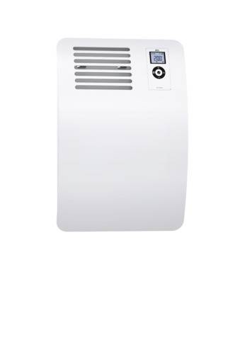 Weißes Heizgerät mit Belüftungsschlitzen und digitalem Display, das '20°C' anzeigt. Minimalistisches Design.