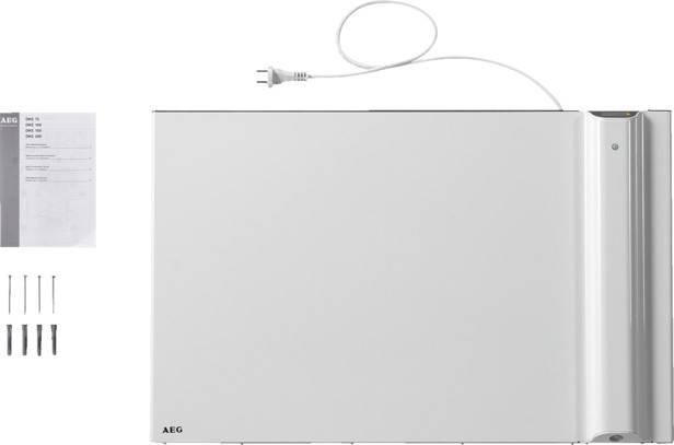Ein weißer elektrischer Heizkörper mit Netzstecker, Schrauben und Dübel zur Montage. Links oben ein Installationshandbuch.