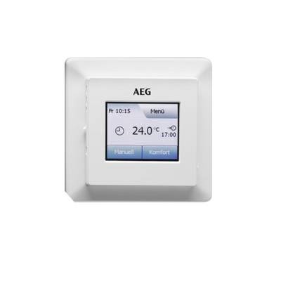Ein digitales Wandthermostat zeigt 24,0°C an. Knöpfe für 'Manuell' und 'Komfort' sind sichtbar. Herstellername oben.
