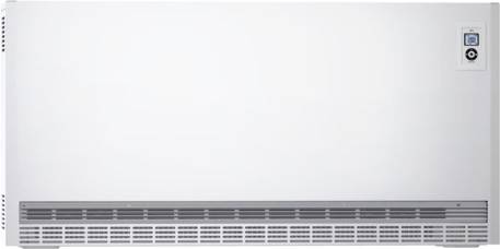 Eine weiße Klimaanlage mit einem Display und Steuerungstasten an der rechten oberen Ecke. Lüftungsschlitze befinden sich unten.