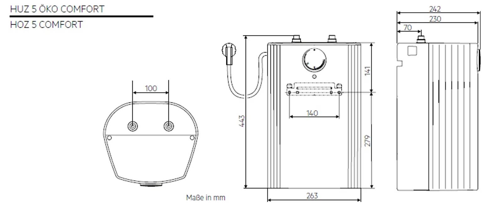 'Technische Zeichnung eines Geräts mit Maßen: Breite 263 mm, Höhe 435 mm, Tiefe 230 mm. Hauptansicht und Seitenansicht mit Kabel.'