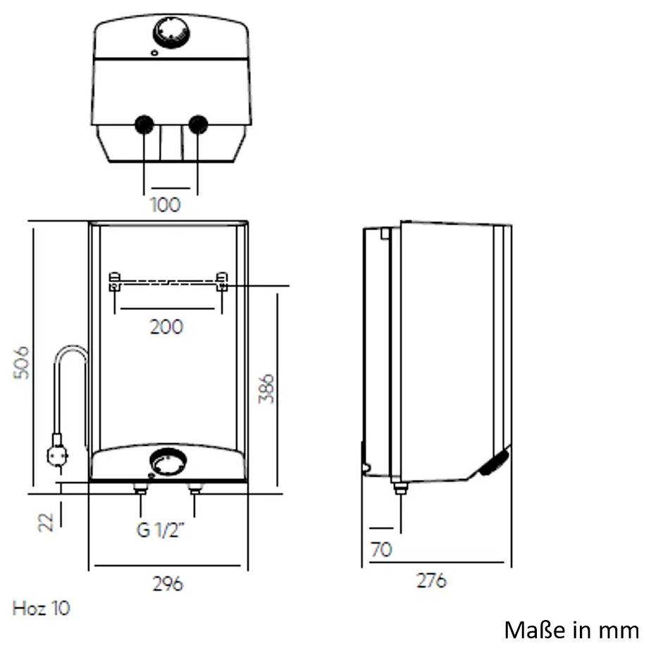 'Diagramm eines Wasserboilers mit Front-, Seiten- und Draufsicht. Maße in Millimetern angegeben. Wichtige Anschlussstellen markiert.'