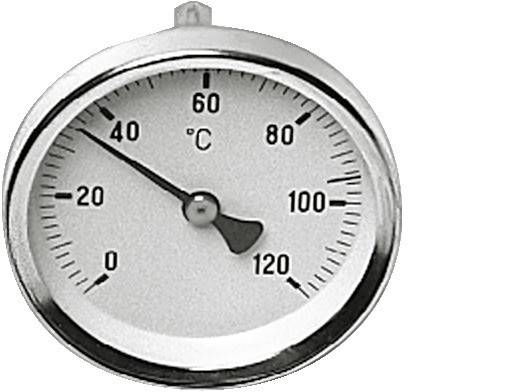 Ein analoges Thermometer zeigt etwa 44 Grad Celsius an.