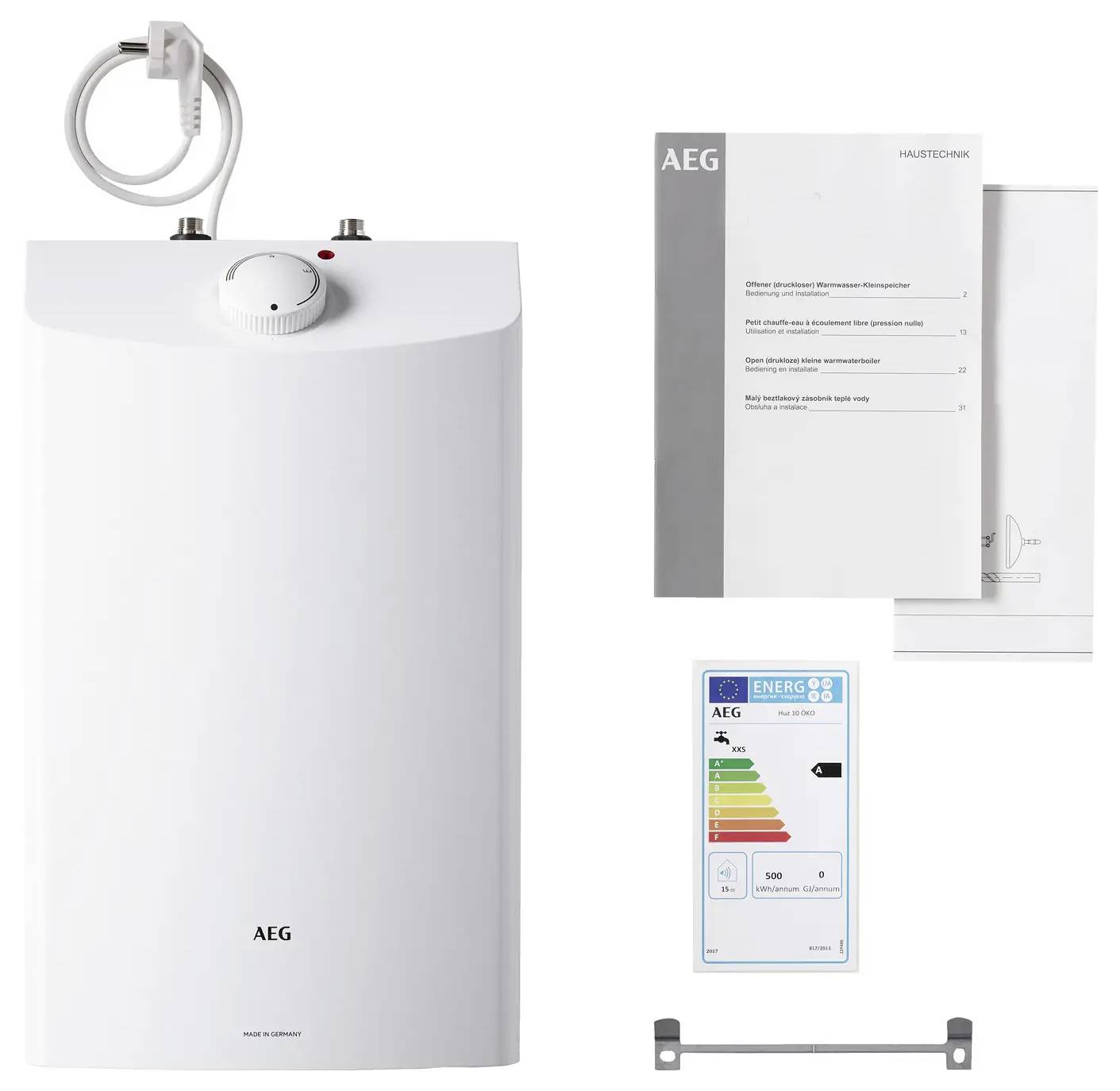 AEG-Warmwasserbereiter mit Bedienungsanleitung und Energieeffizienzlabel. Das Gerät verfügt über einen Temperaturregelknopf und ein Stromkabel und wird auf schwarzem Hintergrund präsentiert.