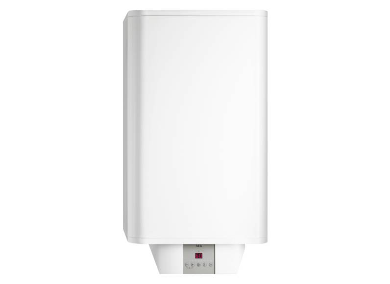 Ein weißer, wandmontierter elektrischer Boiler mit digitaler Anzeige an der Unterseite zeigt die Temperatur.