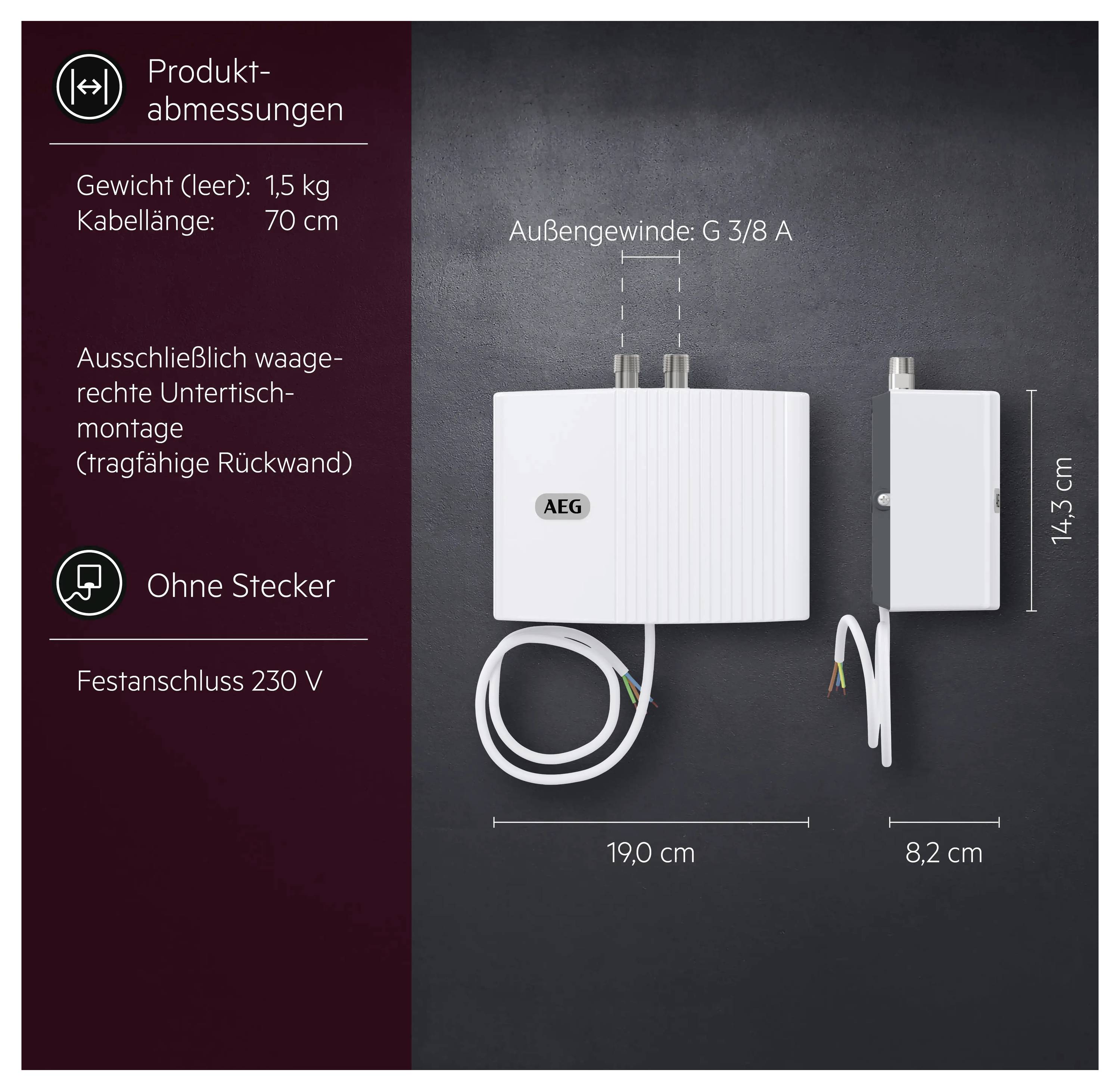 'Produktabmessungen: Gewicht (leer) 1,5 kg, Kabellänge 70 cm. Festanschluss 230 V, ohne Stecker. Anschlussangaben: Außen-Gewinde G 3/8 A.'