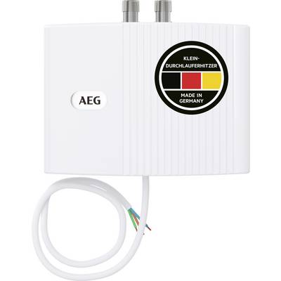 Elektrischer Durchlauferhitzer von AEG mit zwei Wasseranschlüssen oben und Markenlogo auf der Vorderseite.