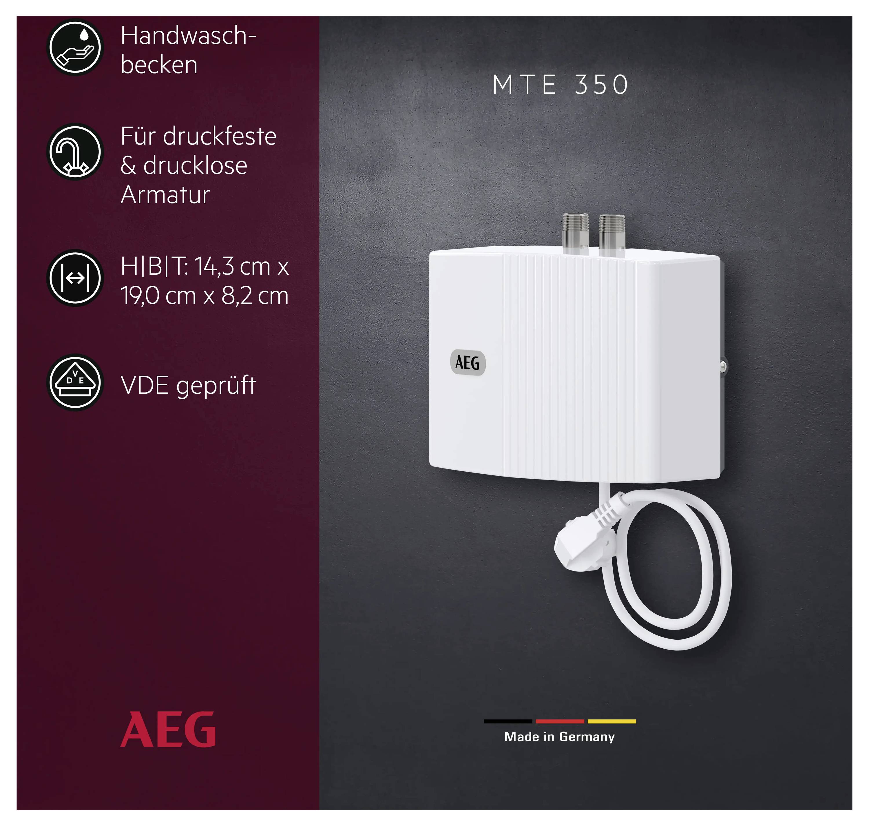 'AEG MTE 350 Kleindurchlauferhitzer' an grauer Wand. Eigenschaften: geeignet für Handwaschbecken, druckfest, VDE geprüft, Made in Germany.