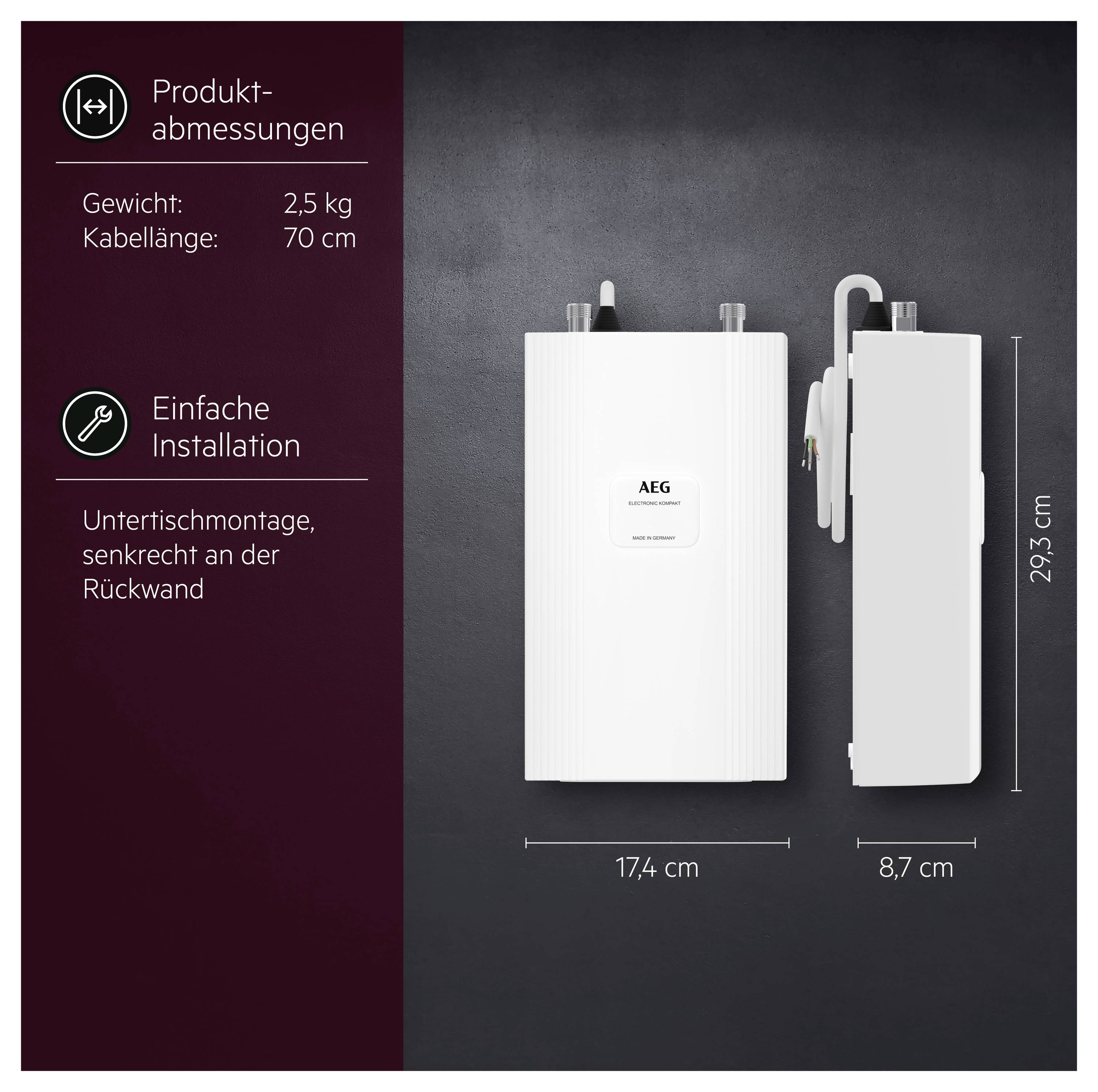 Produktabmessungen und Installation eines AEG-Geräts: 2,5 kg, Kabellänge 70 cm, Untertischmontage senkrecht an der Rückwand; Maße 29,3 × 17,4 × 8,7 cm.