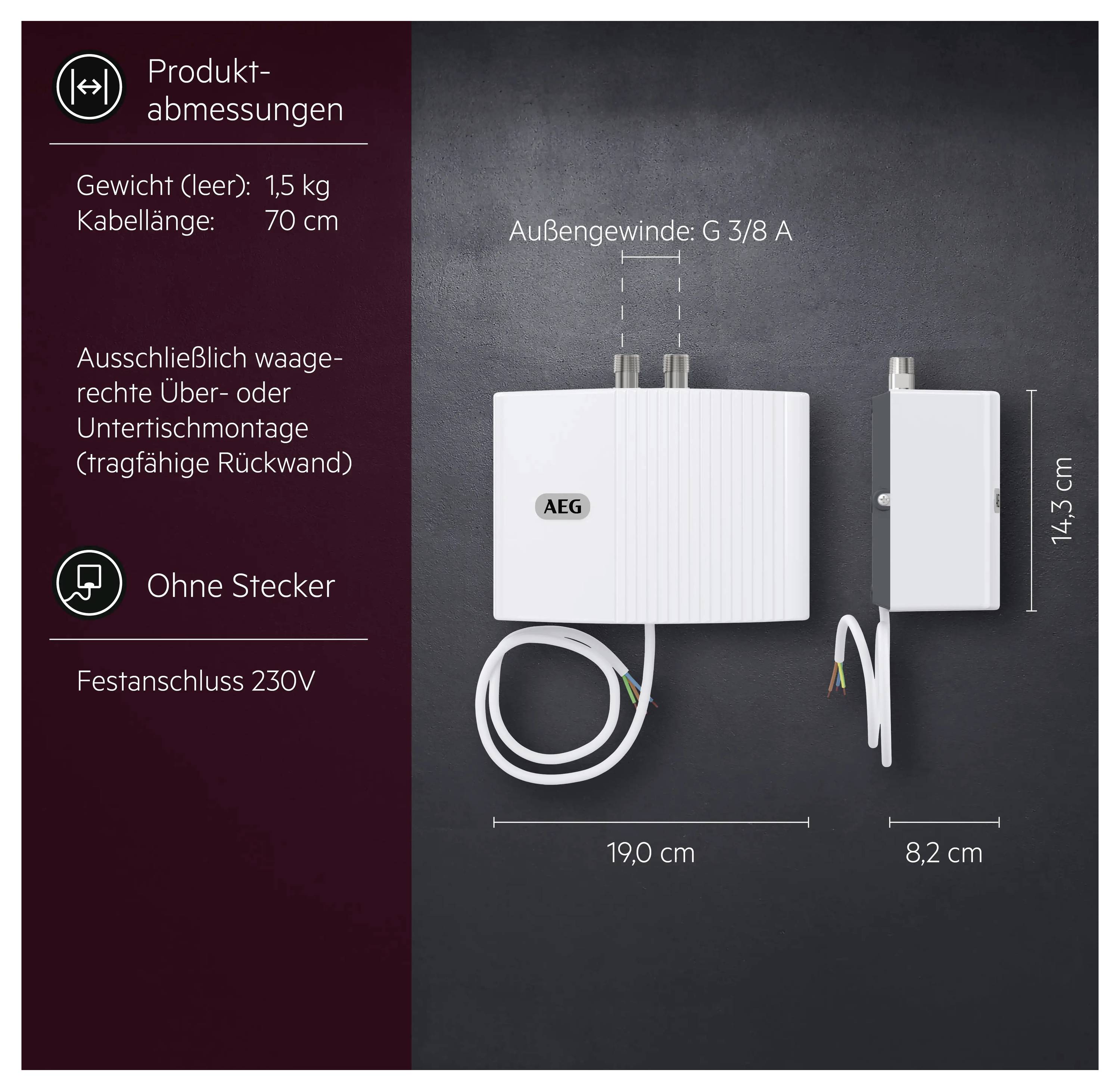 'Produktabmessungen: Gewicht 1,5 kg, Kabellänge 70 cm. Ohne Stecker, Festanschluss 230V. Außenabgänge G 3/8 A. Maße: 19,0 cm x 8,2 cm x 14,3 cm.'