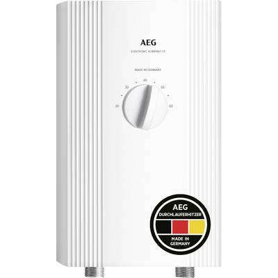Weißer Durchlauferhitzer der Marke AEG mit Temperaturregler und Skala von 30 bis 60 Grad Celsius.