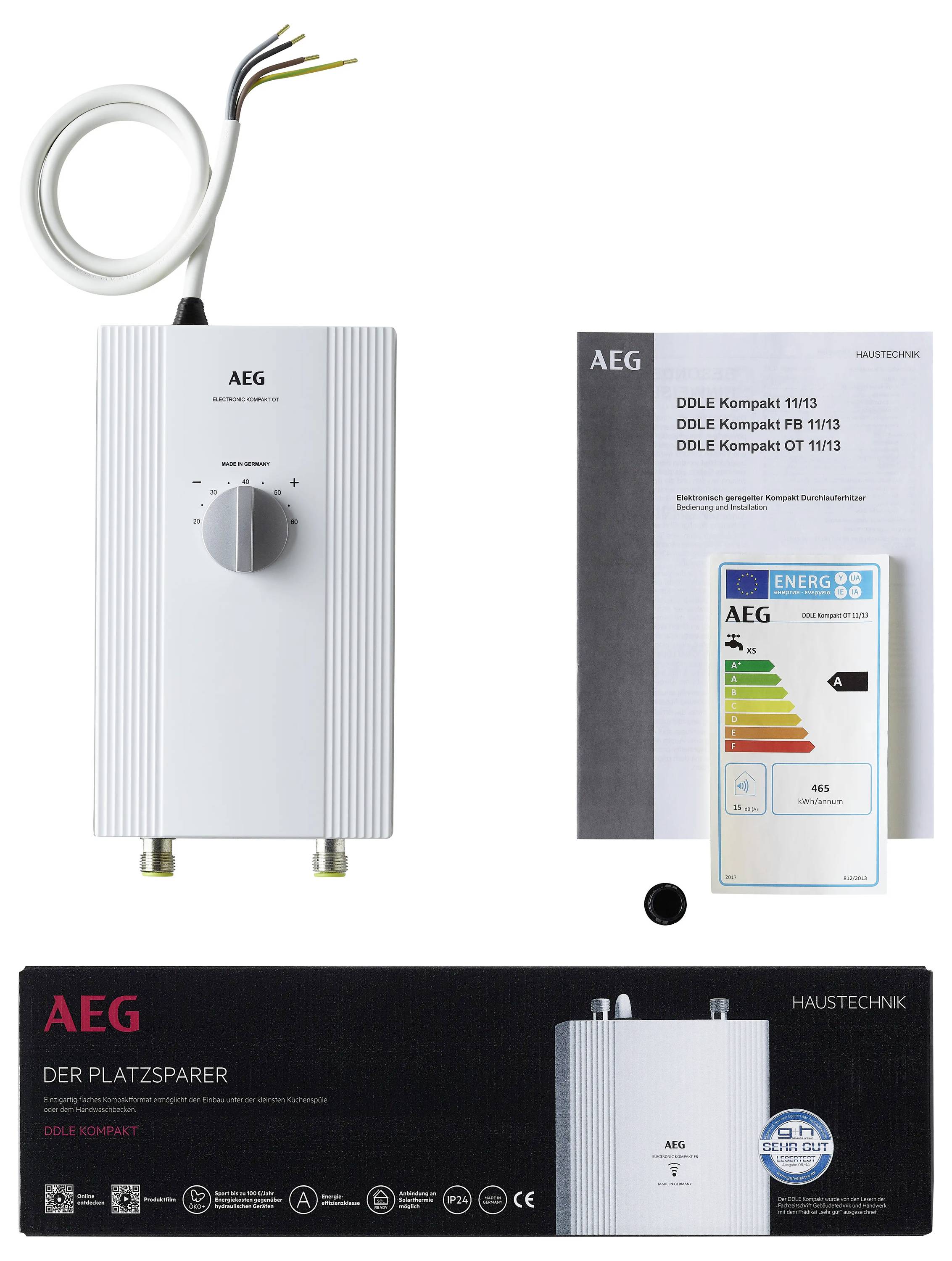 Ein elektrischer Durchlauferhitzer der Marke AEG mit Bedienungsanleitung, Energieetikett und Verpackung. Ideal für kompakte Räume.