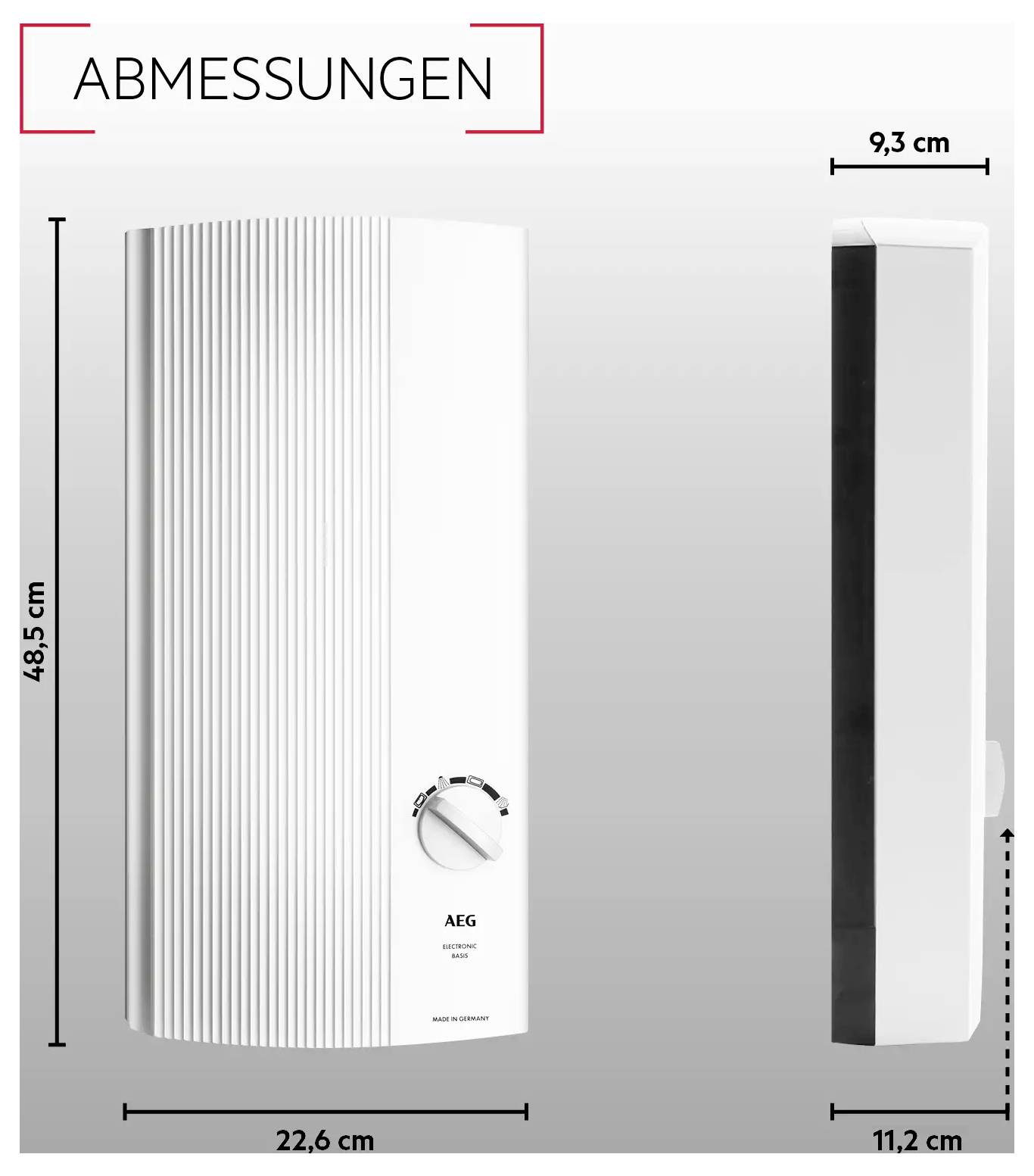 Vertikaler Wassererhitzer mit Drehknopf, Abmessungen: 48,5 cm hoch, 22,6 cm breit, 9,3 cm tief, wie in Bild angegeben.