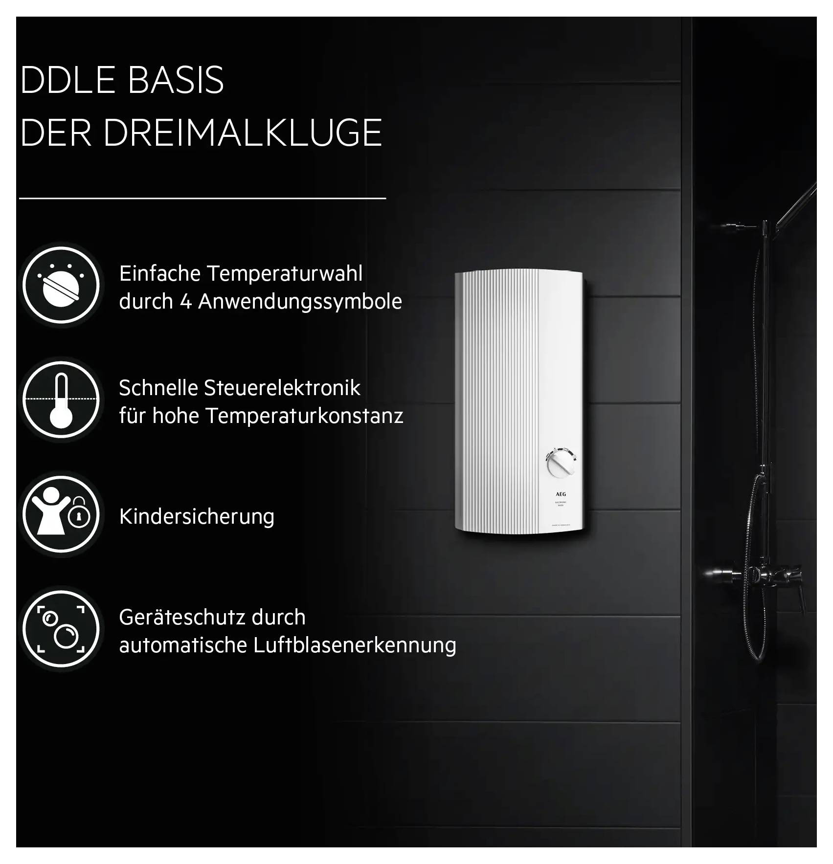 'DDLE Basis der DreimalKluge' und Symbole: Einfache Temperaturwahl, schnelle Steuerelektronik, Kindersicherung, Geräteschutz.