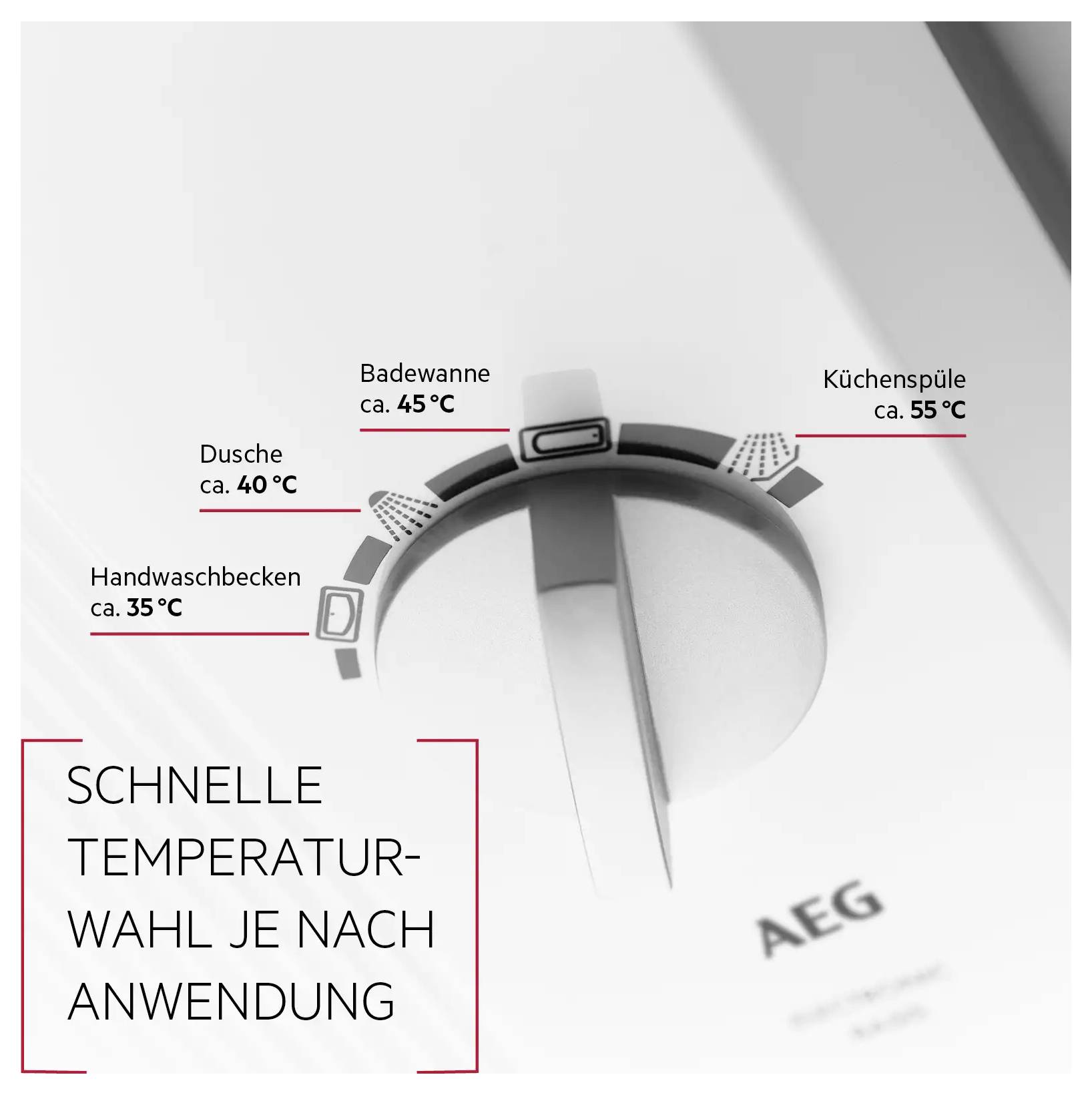 'AEG Duscharmatur mit Temperaturanzeigen: Dusche ca. 40°C, Badewanne ca. 45°C, Küchenspüle ca. 55°C, Handwaschbecken ca. 35°C. Schnelle Temperaturwahl je nach Anwendung.'