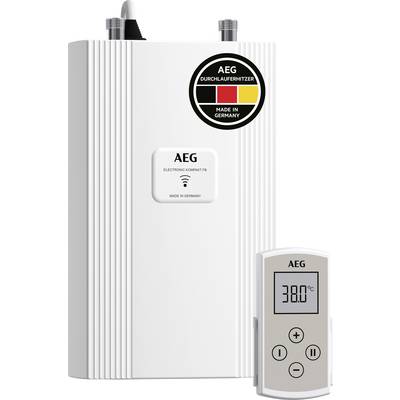 Ein elektronischer Durchlauferhitzer von AEG mit digitalem Display zeigt '55.0°C'. Einrichtungen für Temperaturregelung sichtbar.