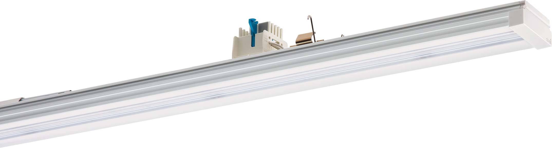 Eine weiße LED-Leuchte für Deckenmontage mit integriertem Vorschaltgerät, geeignet für großflächige Beleuchtung in Innenräumen.