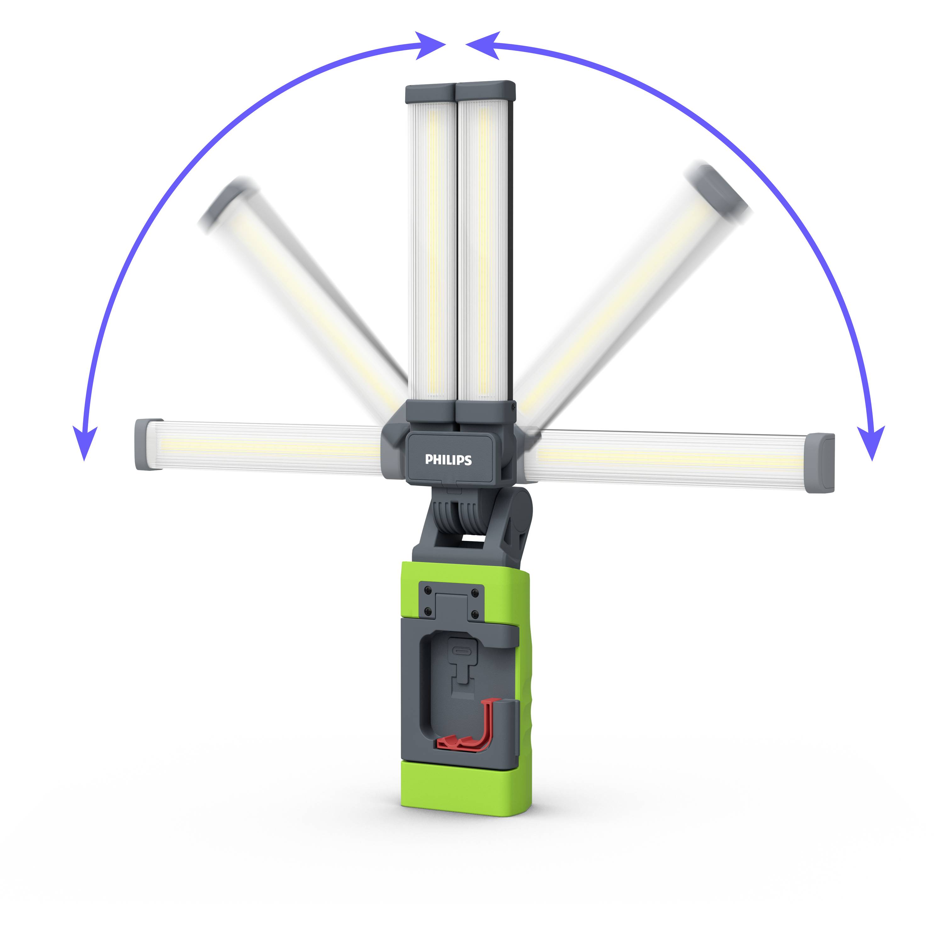 Die bewegliche LED-Lampe in der Mitte hat drei verstellbare Arme mit Pfeilen, die die Rotationsbewegung nach links und rechts zeigen.
