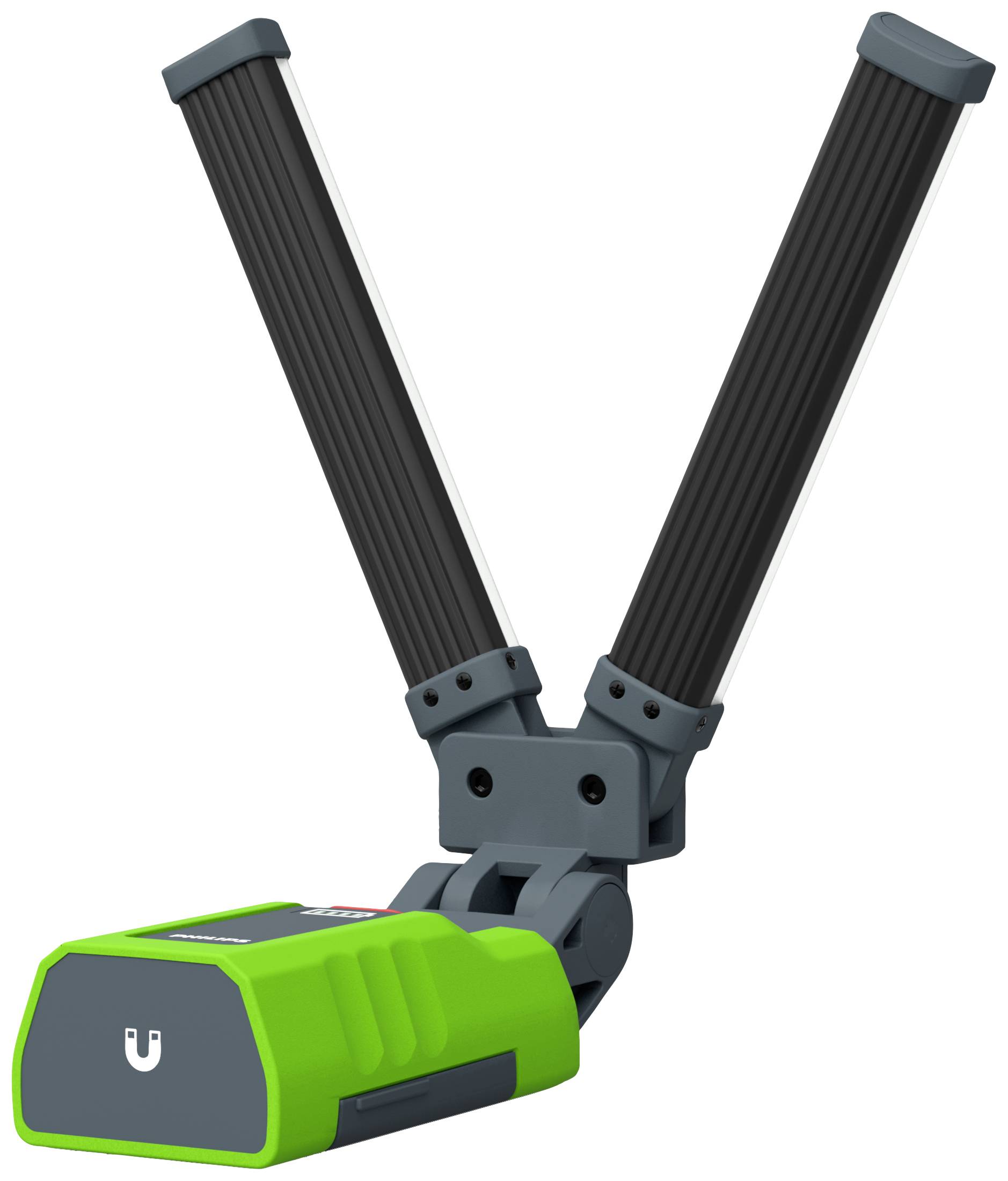 Ein grüner Magnet mit zwei flexiblen Armen steht aufrecht. Die Arme sind schwarz und können in verschiedene Positionen gebogen werden.