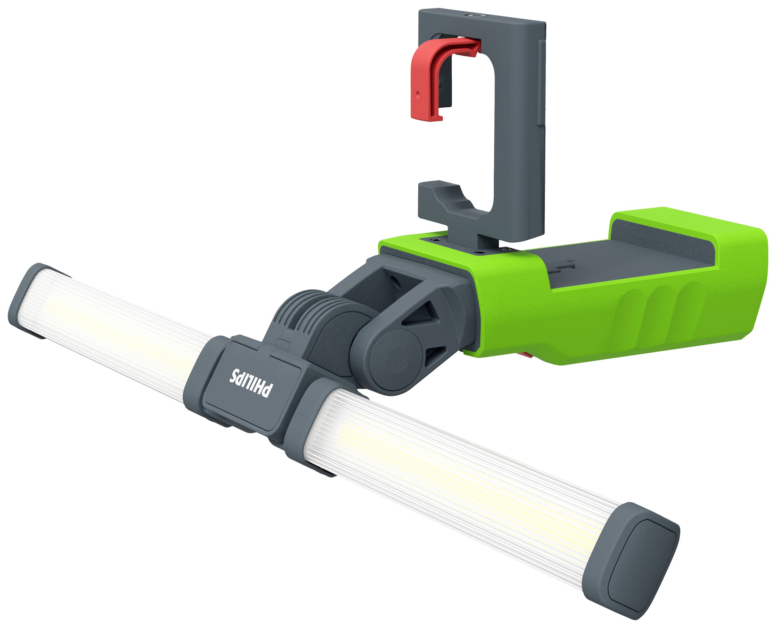 'Philips' Werkstattlampe in grün und grau mit klappbaren LED-Leuchten und rotem Haken oben zum Aufhängen.