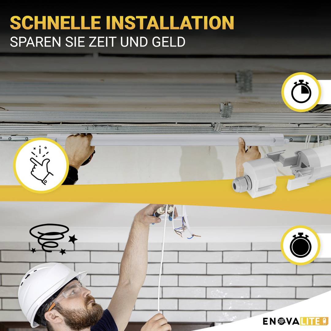 'Ein Mann mit Helm installiert Beleuchtungskabel. Text oben: Schnelle Installation - Sparen Sie Zeit und Geld.'