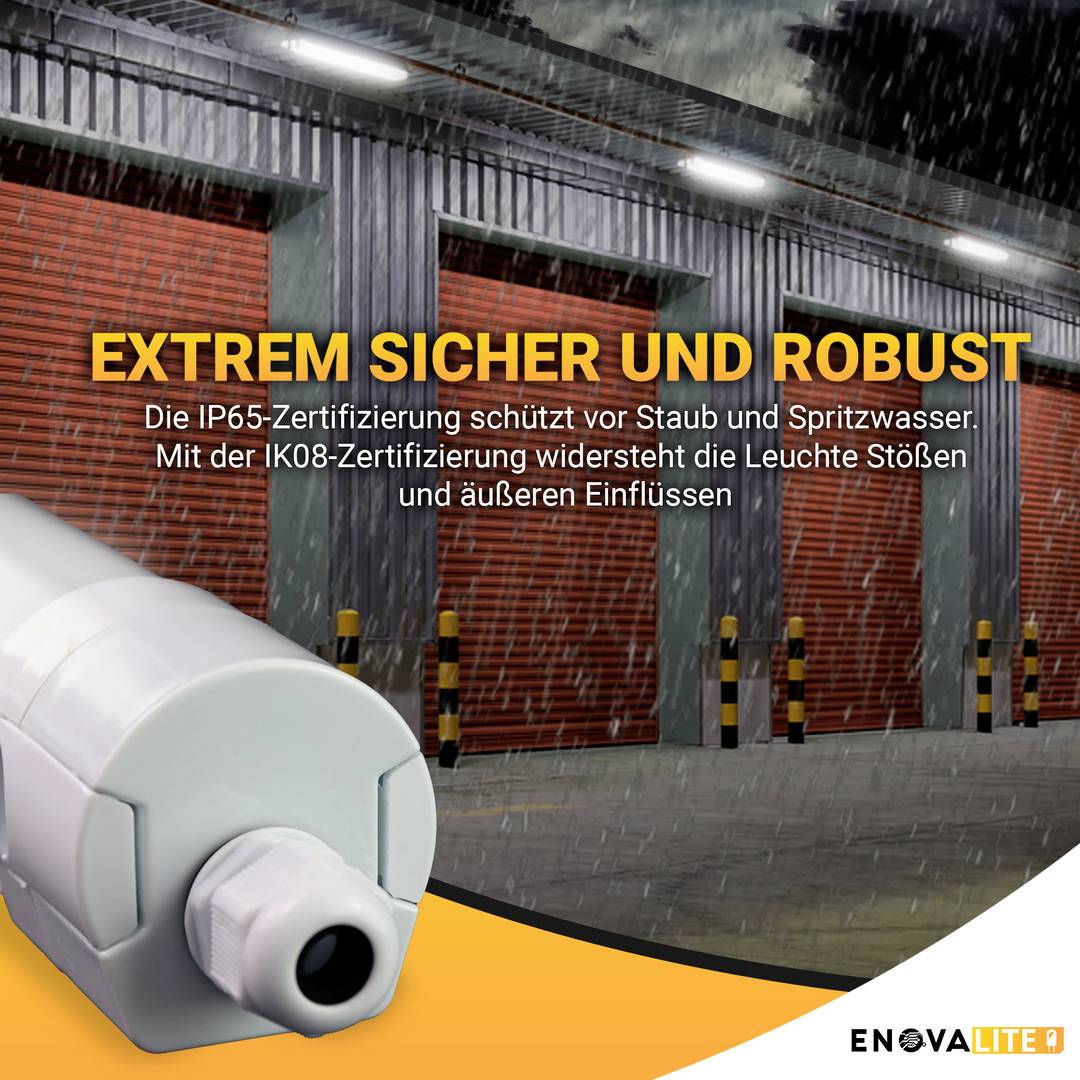 'Extrem sicher und robust' steht über einem Außenbereich mit Regen. Ein großes weißes Rohr links. Text beschreibt IP65-Zertifizierung gegen Staub und Wasser.