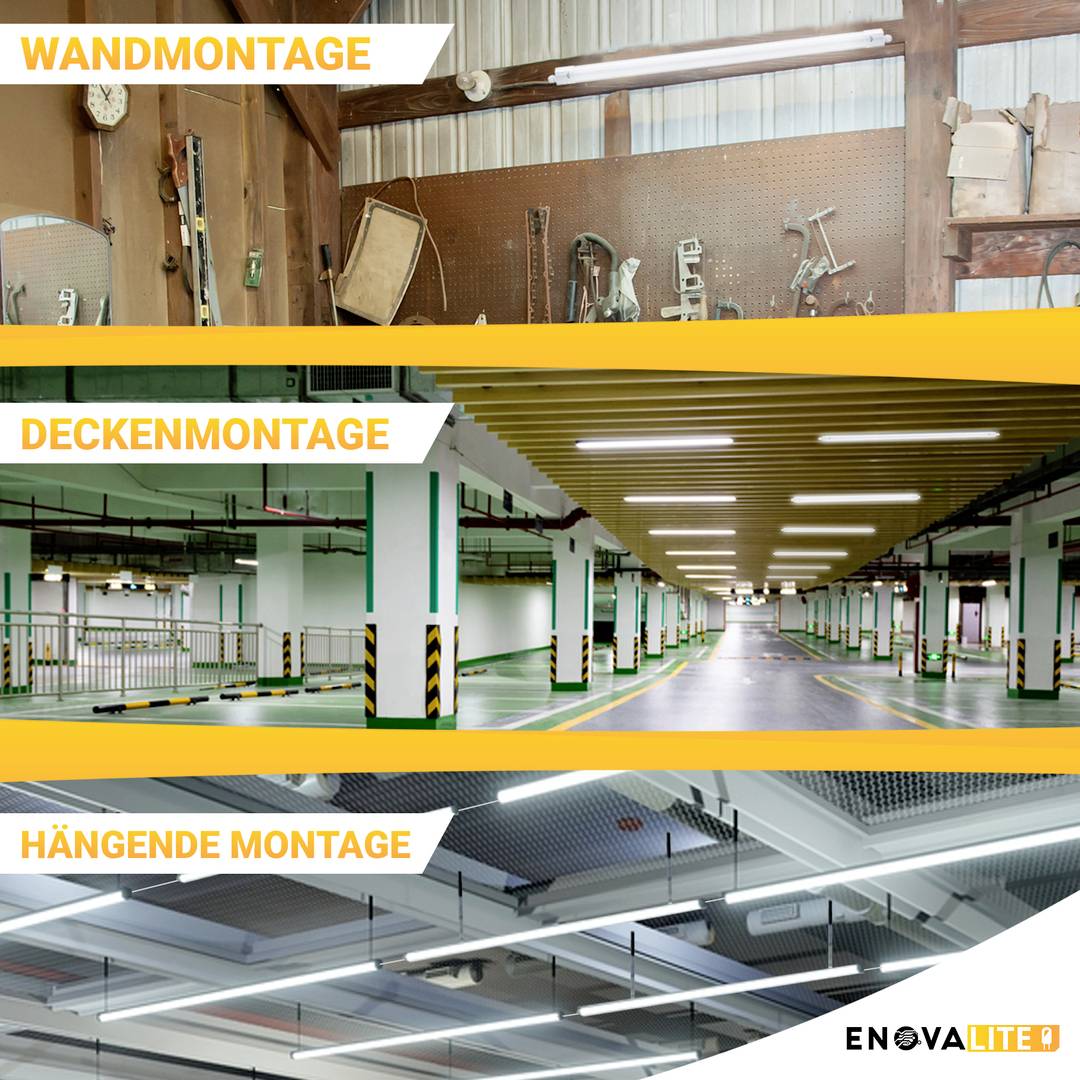 Oben: Werkzeuge an einer Kellerwand. Mitte: Beleuchtete Tiefgarage. Unten: Hängende Leuchtstoffe in einem Parkhaus.