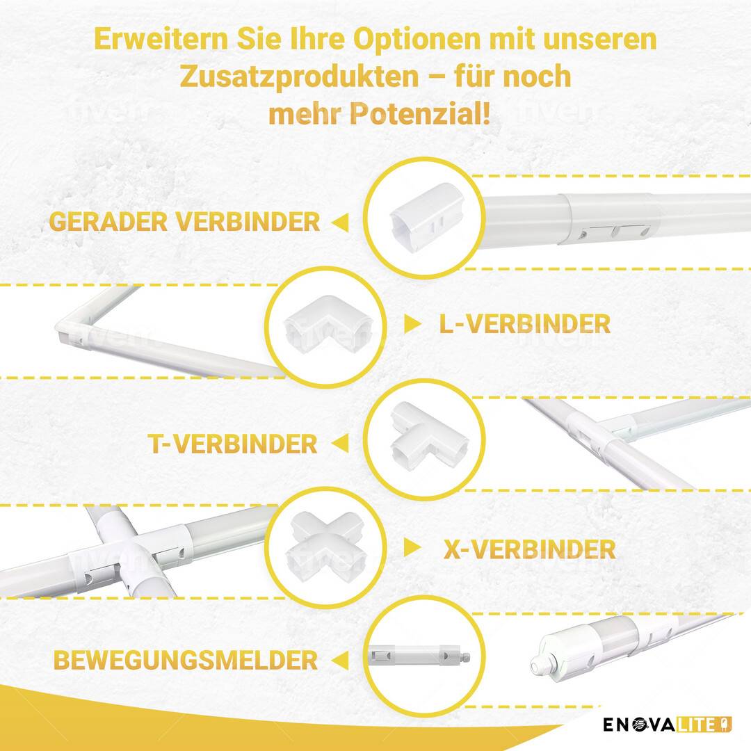'Erweitern Sie Ihre Optionen mit unseren Zusatzprodukten – für noch mehr Potenzial!' Zeigt: Gerader Verbinder, L-Verbinder, T-Verbinder, X-Verbinder, Bewegungssensor.