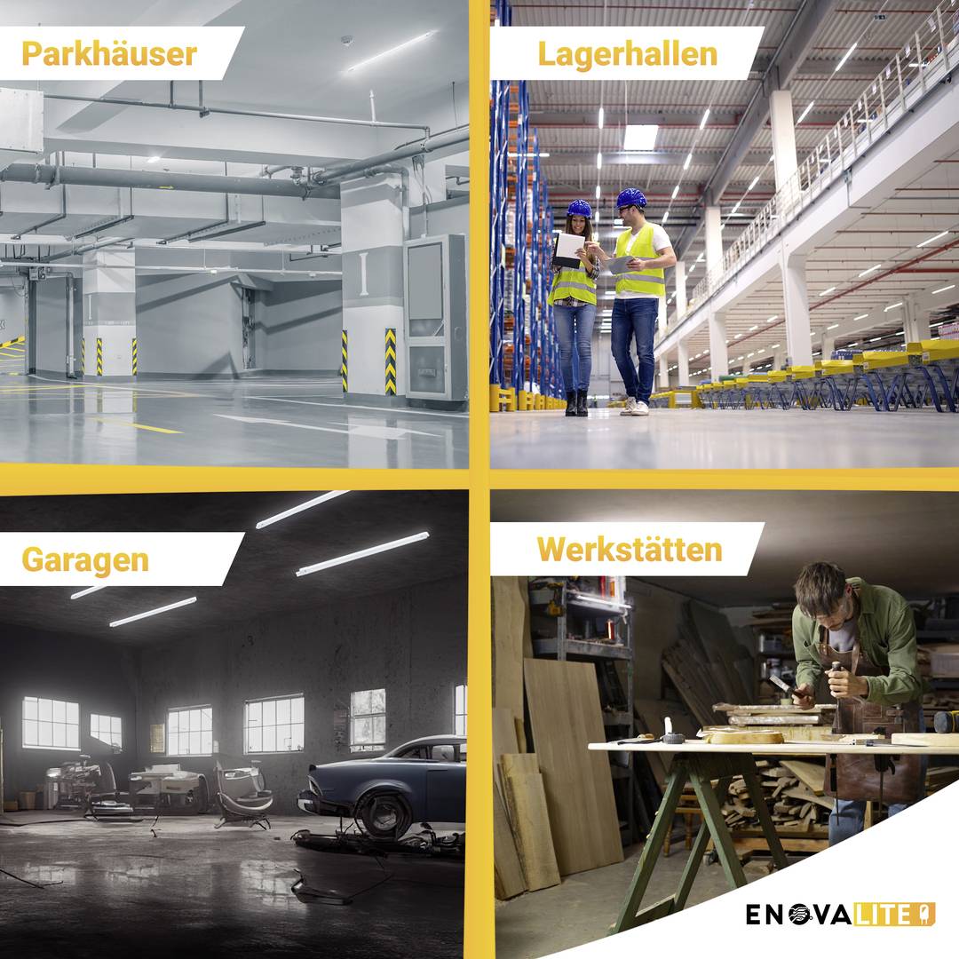 'Collage von vier Bereichen: Leeres Parkhaus, Mitarbeiter in einer Lagerhalle, dunkle Garage mit Oldtimer, Handwerker in einer Werkstatt.'