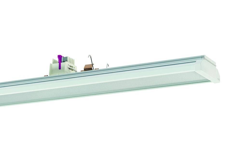 LED-Deckenleuchte mit weißem Gehäuse und sichtbarer Verkabelung. Ideal für Bürobeleuchtung oder kommerzielle Innenräume.