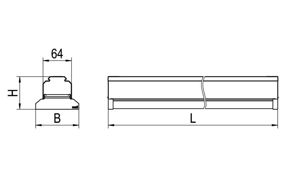 Technische Zeichnung einer rechteckigen LED-Leuchte. Längen- und Höhenmaße angegeben: Breite 64 mm, weitere Maße mit B, H, und L markiert.