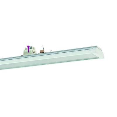 Langgezogene, moderne LED-Lampe mit sichtbarer elektrischer Komponente an der Oberseite, weißes Gehäuse.