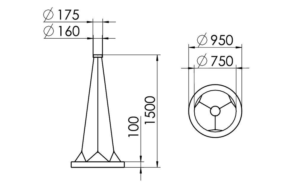 Technische Zeichnung einer Kegelstruktur mit Maßen: Höhe 1500 mm, Durchmesser oben 160 mm, unten 750 mm. Seitenansicht und Draufsicht.