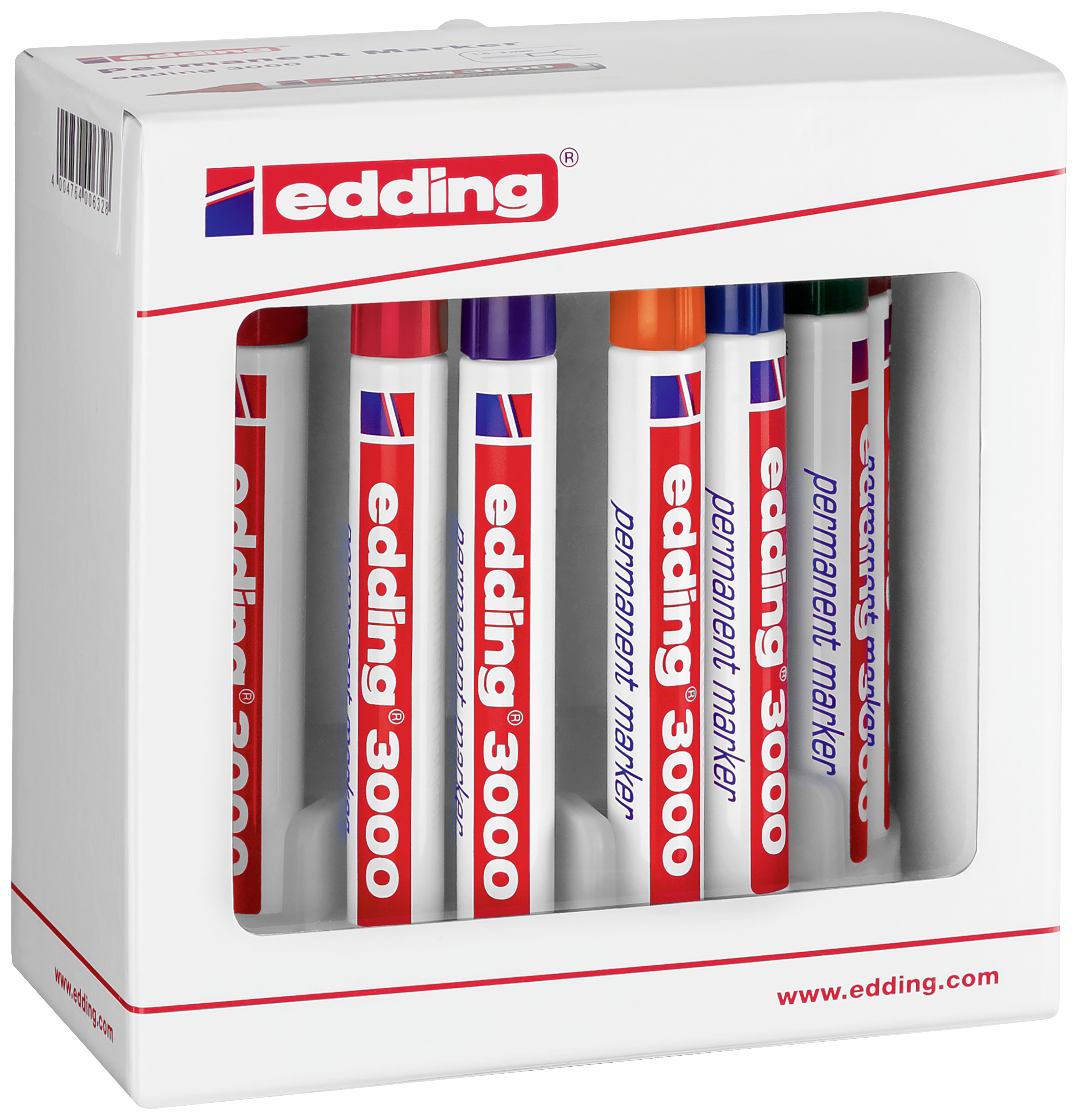 Sechs bunte Edding 3000 Permanentmarker in Verpackung mit Sichtfenster; Farben: Schwarz, Rot, Blau, Grün, Orange, Lila.