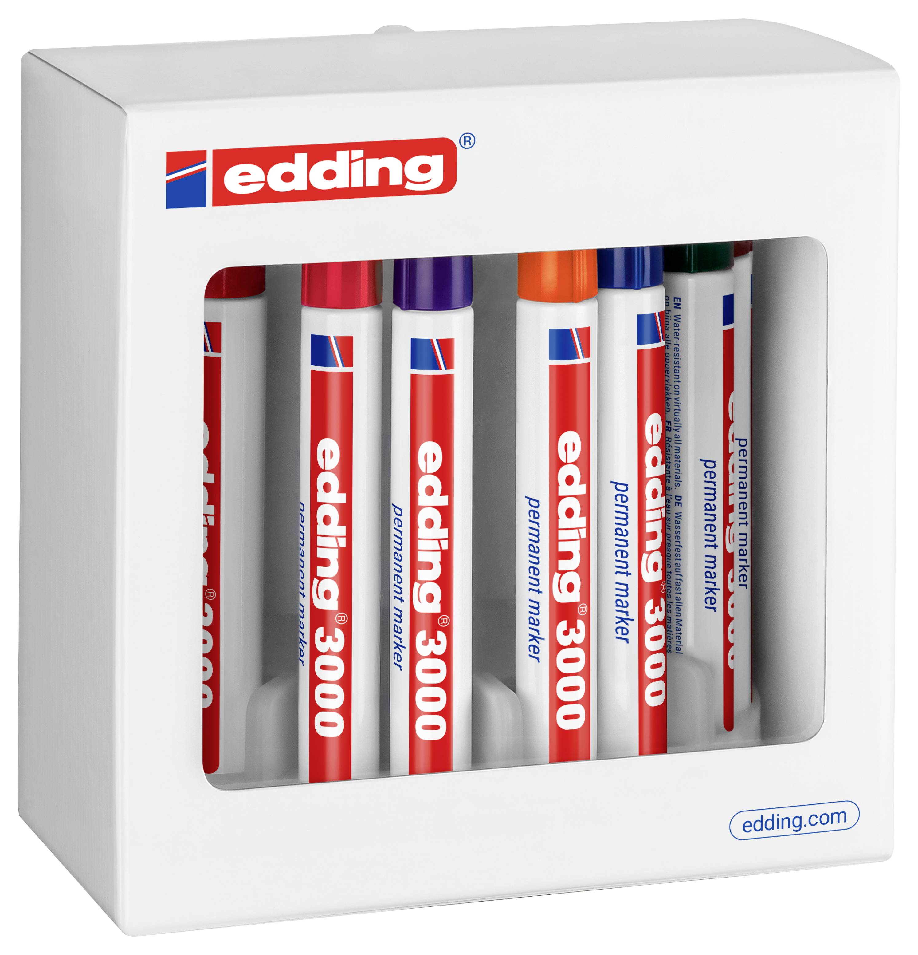 Packung edding Permanentmarker in einer weißen Displaybox mit transparentem Sichtfenster und edding-Logo.