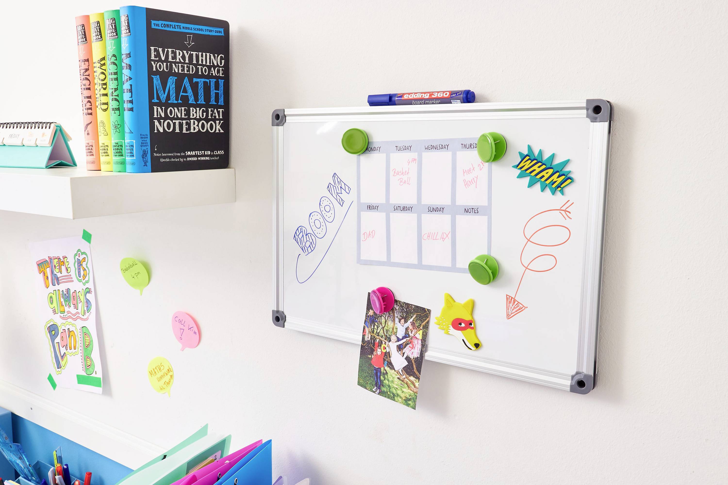 Ein Schreibtisch mit Notizen, einer Tafel mit magnetischen Elementen und einem Bücherregal. Schwerpunkt auf Organisation.