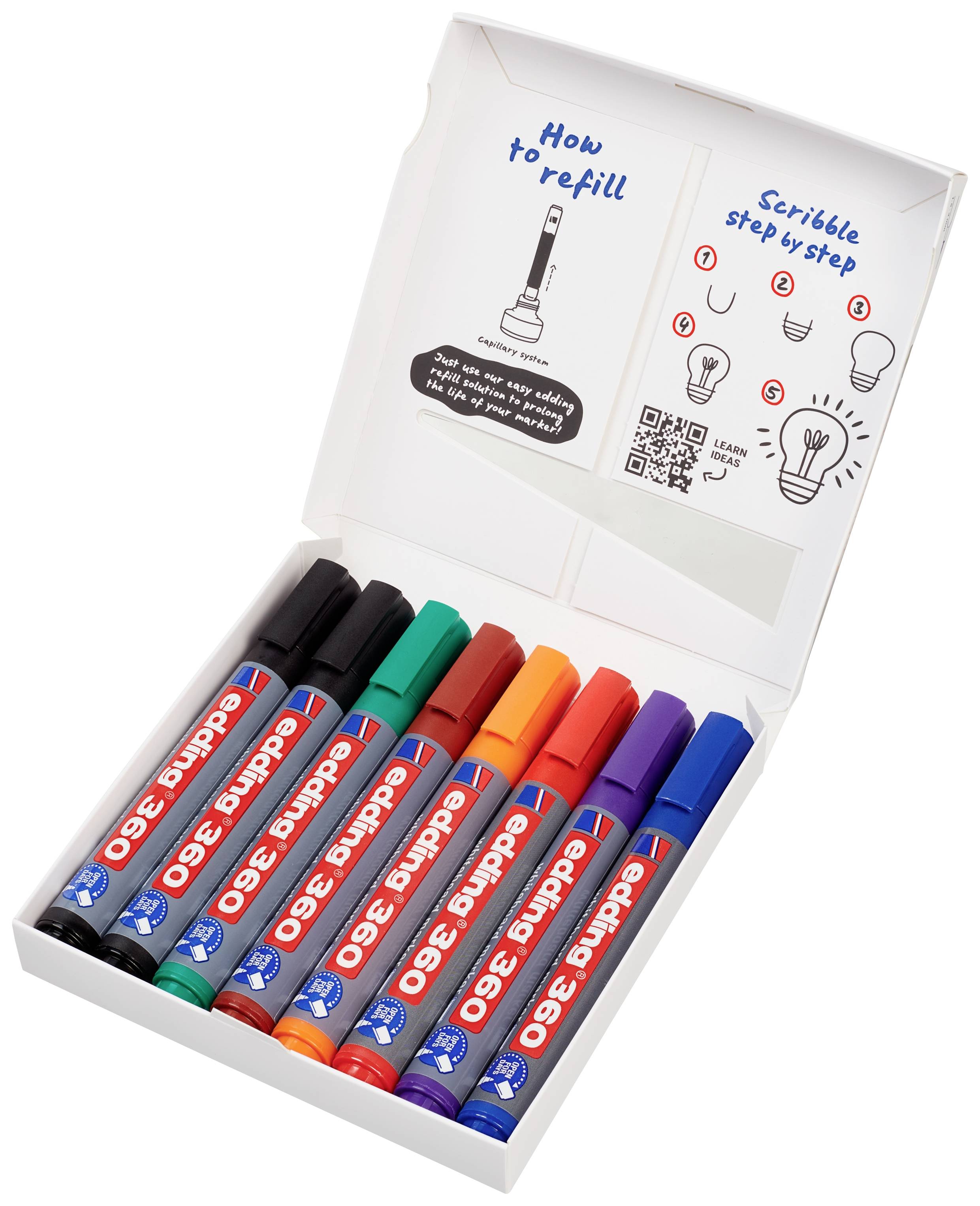 Eine geöffnete Box mit acht farbigen Whiteboard-Markern. Auf der Innenseite der Box sind Anweisungen zum Nachfüllen der Marker abgebildet.