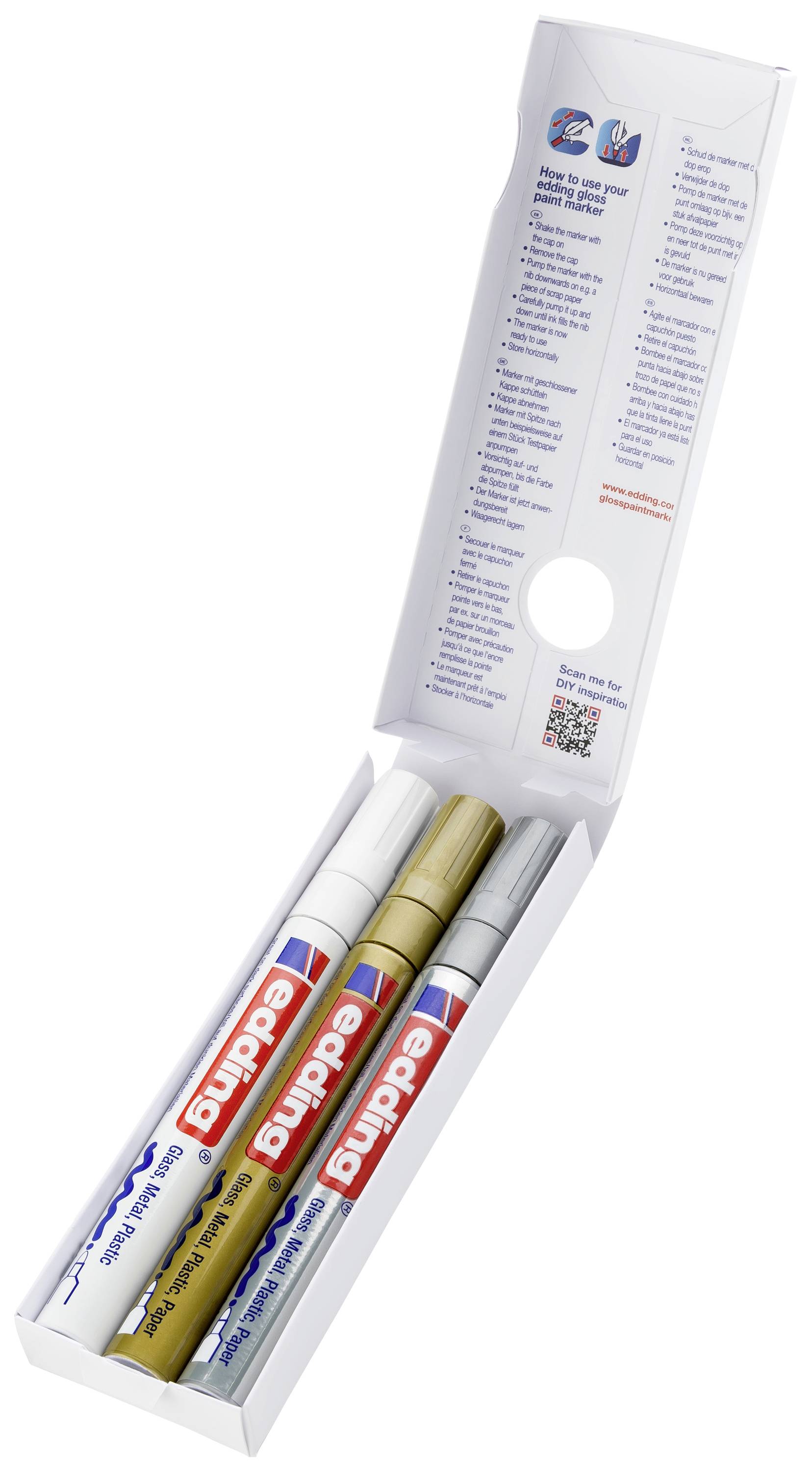 Eine geöffnete Verpackung mit drei Stiften: weißer, goldener und silberner Permanentmarker der Marke edding.