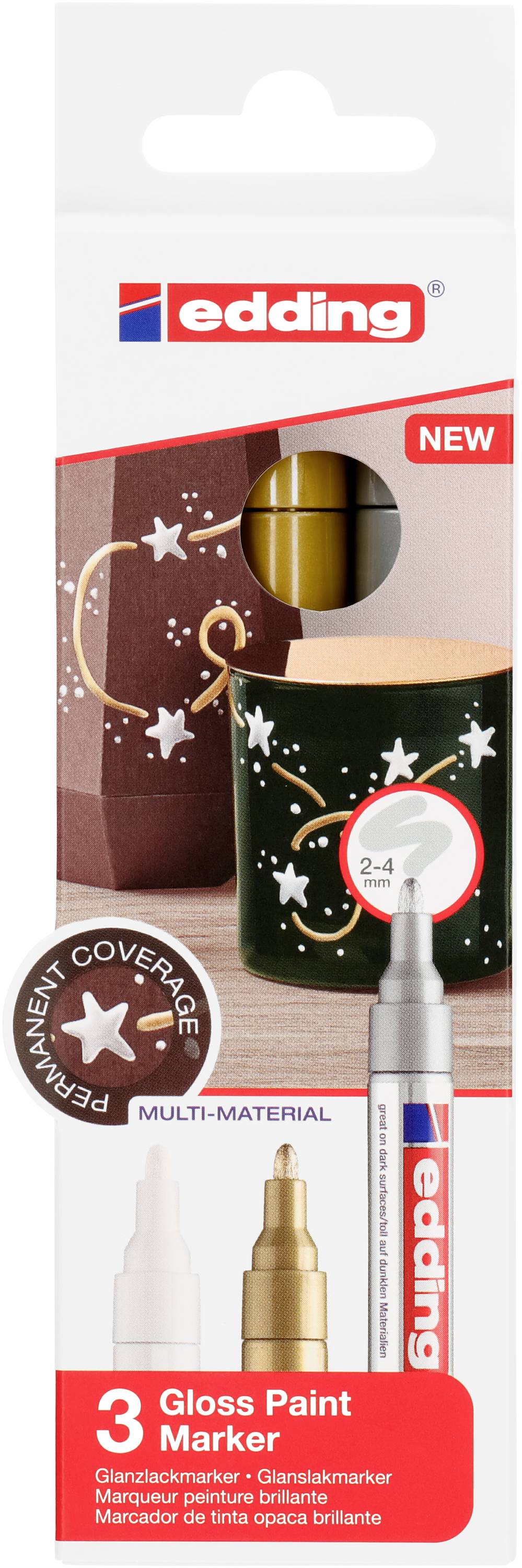 Verpackung eines edding Glanzlack-Markerset, bestehend aus gold, silber und weiß, zeigt bemalte Tassen mit Sternenmotiv.