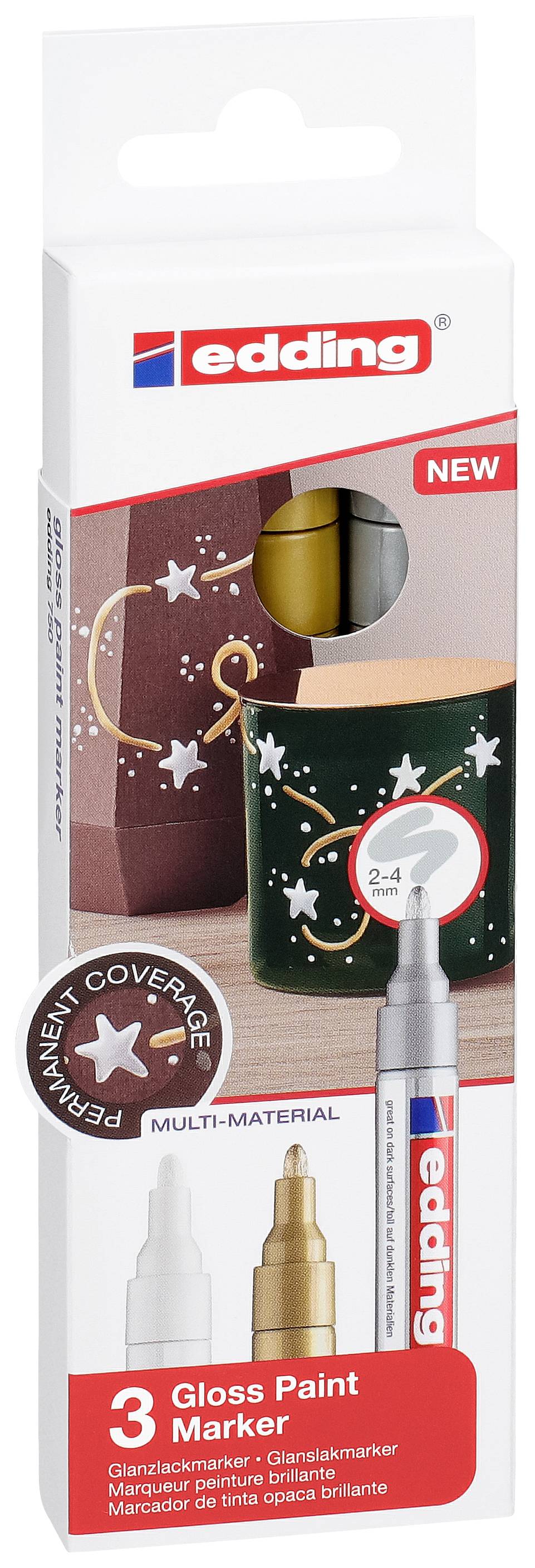 'edding Gloss Paint Marker' Verpackung, zeigt goldene und silberne Marker. Angewendet auf einem dekorativen Becher mit Sternmotiven.
