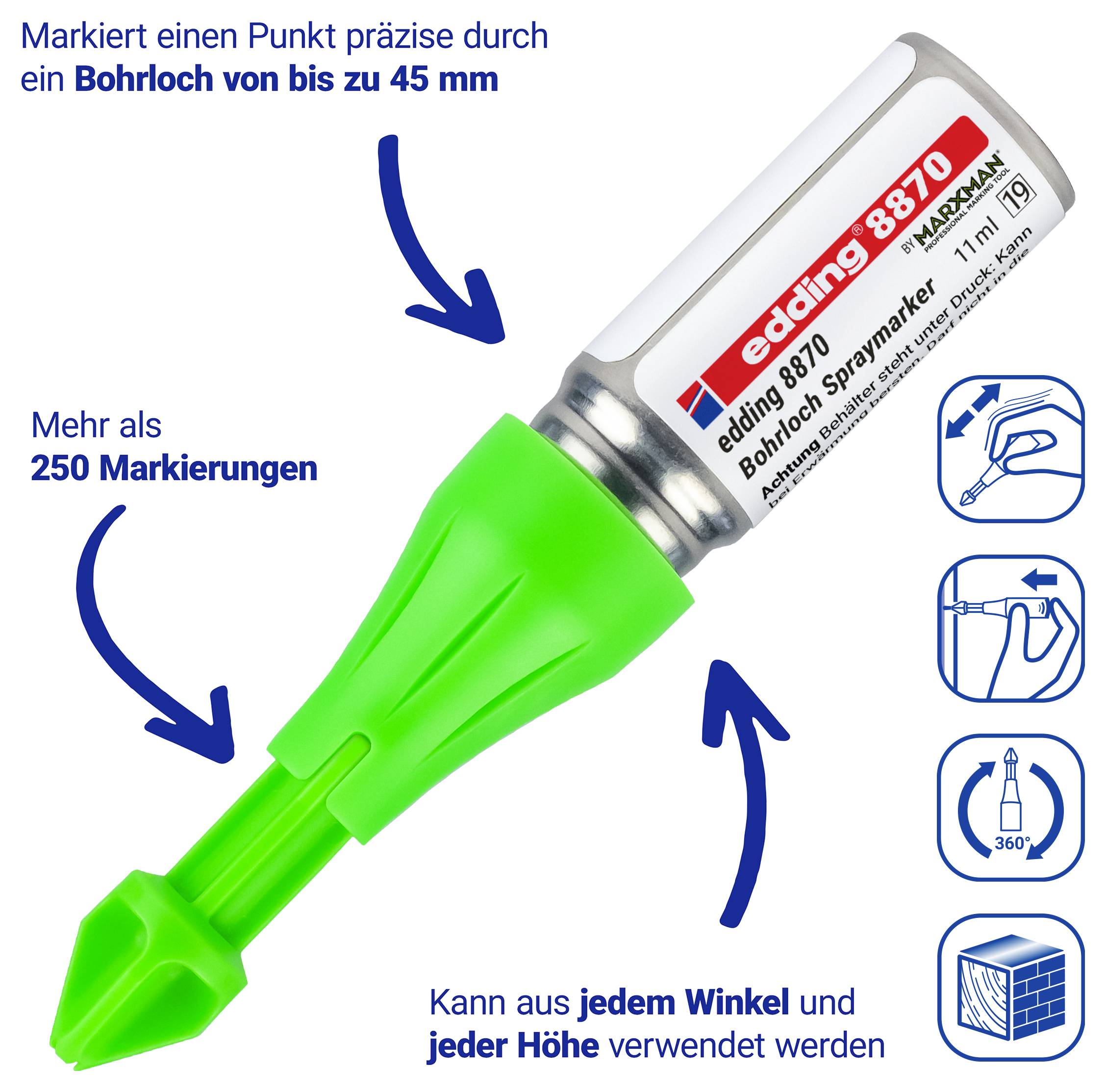Produktbild einer grünen Edding 8870 Bohrlochmerkerstiftsprühdose mit Pfeilen und deutschem Text, das präzises Markieren in Löchern bis 45 mm, über 250 Markierungen und die Verwendung aus jedem Winkel und jeder Höhe hervorhebt.