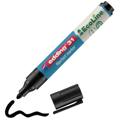 Ein Eddings 31 Flipchart-Marker aus der EcoLine-Serie in Blau, mit abnehmbarem schwarzen Deckel und einer gezeichneten schwarzen Linie.