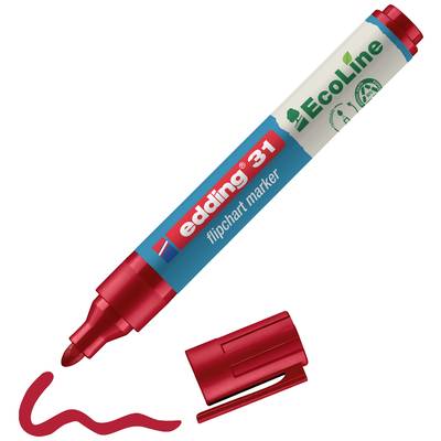 Roter Flipchart-Marker der Marke Edding mit abgenommener Kappe. Eine rote Linie ist neben dem Marker sichtbar.