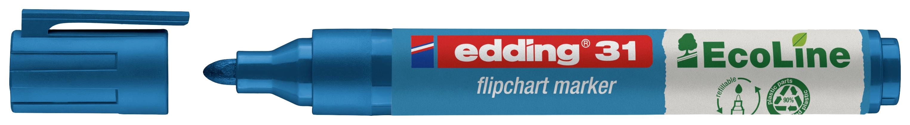 Blauer 'edding 31 EcoLine' Flipchart-Marker mit abnehmbarer Kappe. Nachhaltigkeitssymbole auf dem Schaft.