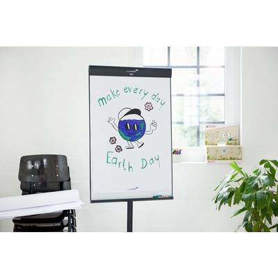 Ein Flipchart zeigt eine Zeichnung eines lachenden Planeten mit Armen und Beinen, umgeben von Blumen, und dem Text 'Make every day Earth Day'.